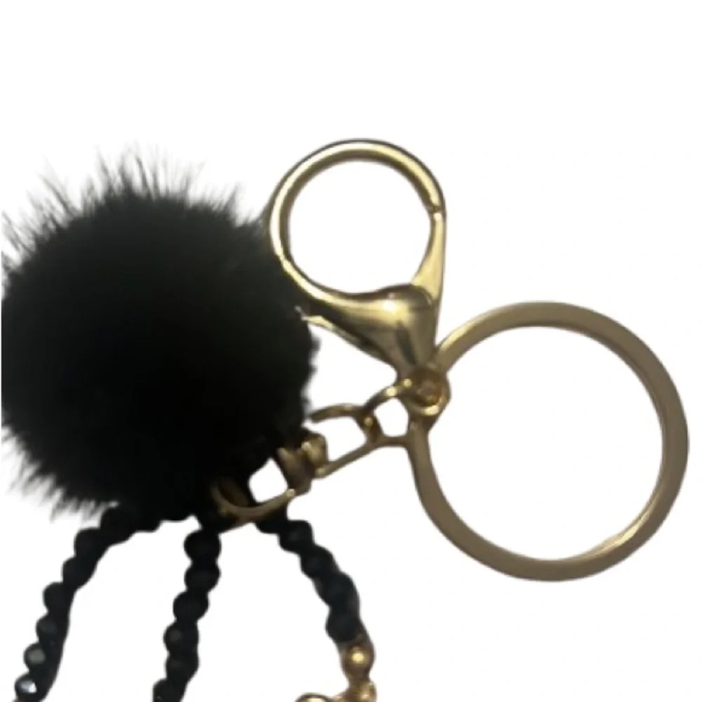#665 KEYCHAIN Black Purse with Black Fuzzy Pom Pom NWOT Chic Gold Embellishments